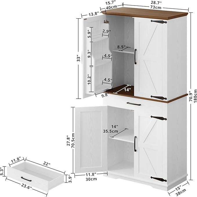 IRONCK Farmhouse Kitchen Pantry Cabinet, Tall Storage Cabinet with 6 Hanging Shelves and Adjustable Shelves, Freestanding Cupboard with Barn Doors for Kitchen, Dining Room， White/Walnut