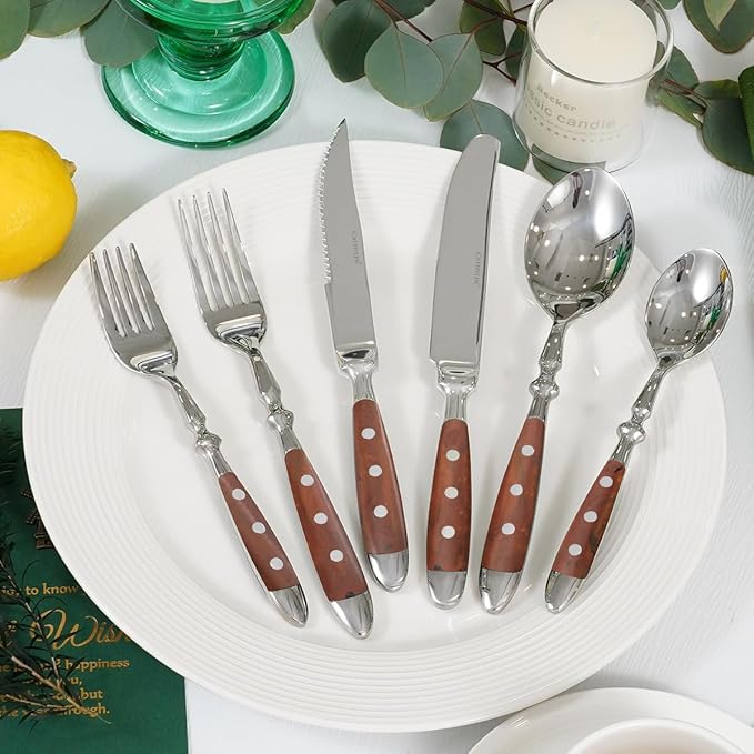 24-Piece 18/0 Stainless Steel Silverware set,Vintage Flatware set with Bakelite Handle,service for 4,Cutlery set (Brown)