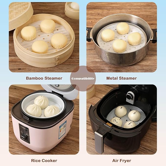 100 PCS Bamboo Steamer Liner, 8 Inch Round Air Fryer Parchment Paper with Holes, White Non-Stick Steamer Paper Sheet