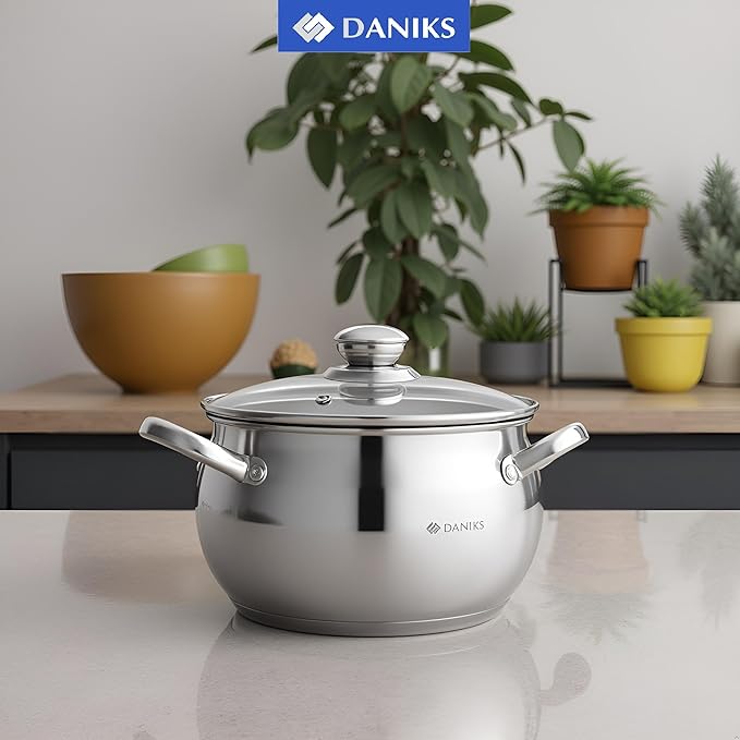 Daniks Classic 4 Quart Stainless Steel Stock Pot with Glass Lid, Tri-Ply Bottom for Even Heating, Induction Compatible, Dishwasher Safe