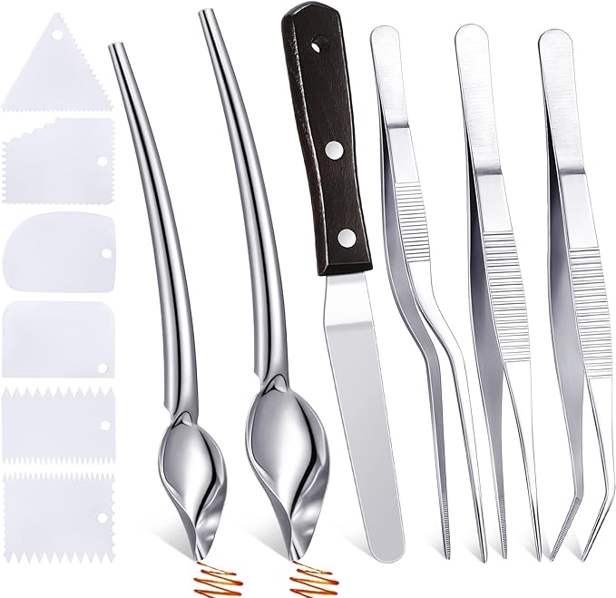 Patelai 12 Pieces Culinary Precision Drizzle Spoons Plating Tools Cooking Tweezers Stainless Steel Drawing Spoons Plastic Dough Scrapers Wood Icing Spatula for Chef Food Culinary Plating Decorating