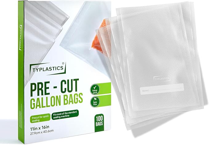 TYPLASTICS Vacuum Sealer Bags for Airtight Food Storage, 1 Gallon Pre-Cut Bags, 100 Count