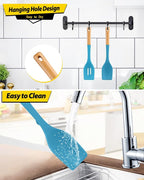 Pack of 2 Large Silicone Cooking Spoons, Heat Resistant Non Stick Kitchen Utensils with Wooden Handle, Ideal for Mixing, Stirring, Serving, Cooking(BLUE)