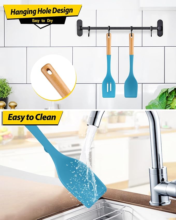 Pack of 2 Large Silicone Cooking Spoons, Heat Resistant Non Stick Kitchen Utensils with Wooden Handle, Ideal for Mixing, Stirring, Serving, Cooking(BLUE)