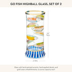 MACKENZIE-CHILDS Highball Glasses, Tall Drinking Glasses with Gold Rims, 15 Ounces, Set of 2, Go Fish