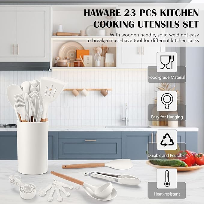 HaWare Kitchen Cooking Utensils Set, 23-Piece Silicone Kitchen Utensils Spatula Set with Holder, Heat Resistant Wooden Handle Kitchen Gadget for Nonstick Cookware, Food-grade Turner Spoon Sets (White)