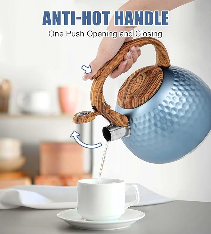 Stainless Steel Tea Kettle Blue, Teapot 3.2 Quart Whistling Tea Kettle, Tea Pots for Stove Top with Wood Pattern Handle, Gas Electric Applicable