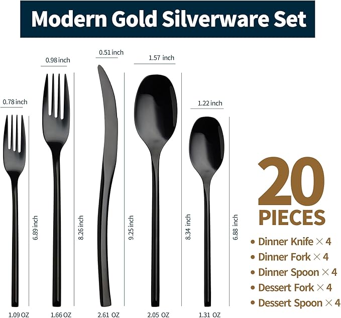 Lemeya 20-Piece Black Silverware Set for 4,Modern 18/10 Stainless Steel Flatware Set,Luxury Cutlery Set,Unique Utensils Set for Restaurant,Spoons and Forks Set,Mirror Polished,Dishwasher Safe