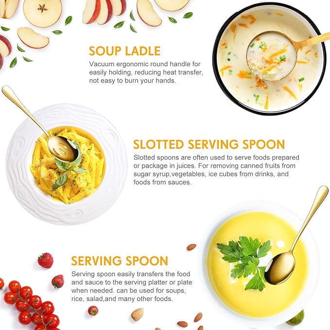 Patelai Serving Utensils Set Include Stainless Steel Large Spoons Slotted Spoons Forks Tongs Soup Ladle and Pie Server for Parties Buffet Catering, Dishwasher Safe(Gold,10 Pieces)