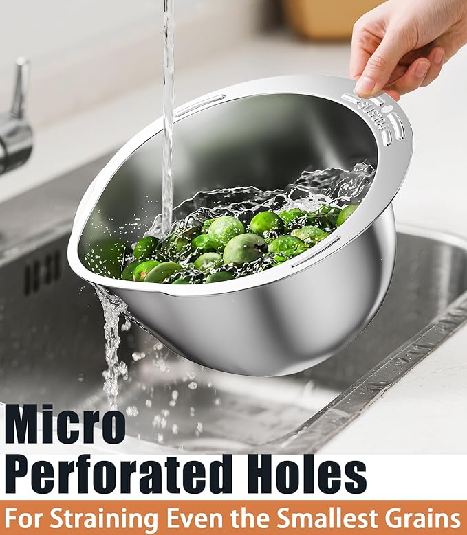 ESOW Colander Set Stainless Steel, Rice Washer Strainer Bowl with Grater, Multipurpose Use for Food Storage, Draining Water, Cutting and Slicing/Shredding, Kitchen Essentials