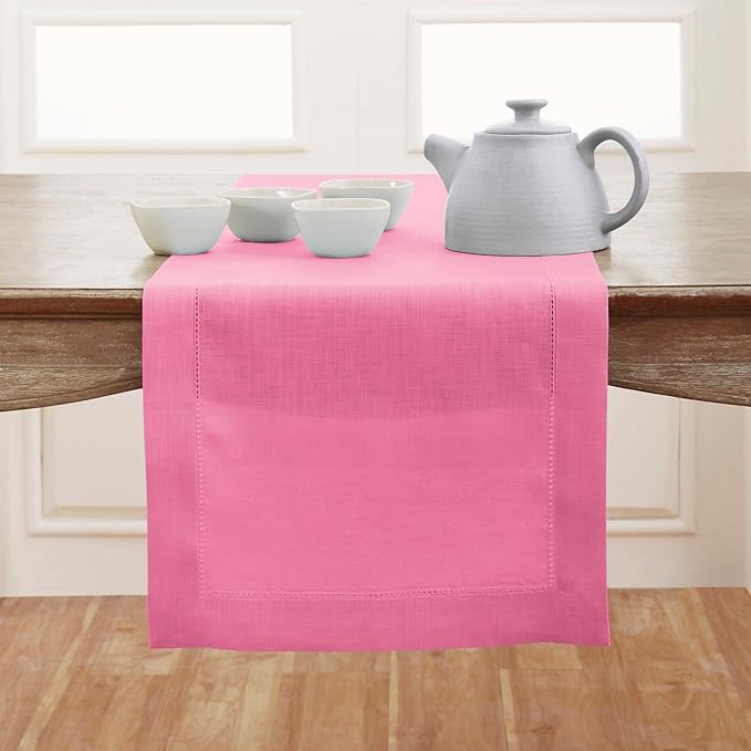 Solino Home Linen Table Runner 36 Inches - 100% Pure Linen Flamingo Pink Hemstitch Table Runner 14 x 36 Inch Ideal for Dresser and Coffee Tables - Summer, Halloween - Classic Hemstitch