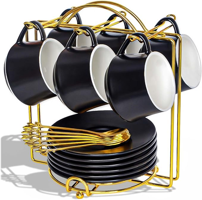Lareina 3-Ounce Porcelain Espresso Cups Set of 6, Stackable Coffee Cups with Saucers, Spoons and Metal Stand, Ceramic Demitasse Mugs, Espresso Accessories for Machine, Black