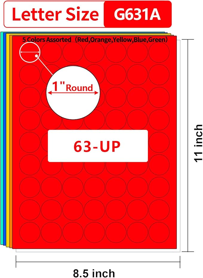 1 Inch Colored Round Labels,25 Sheets,5 Colors Assorted(Red,Orange,Yellow,Blue,Green),1 Inch Circle Stickers for Laser/Inkjet Printers,Colorful Dots Printable 1" Diameter,Letter Size