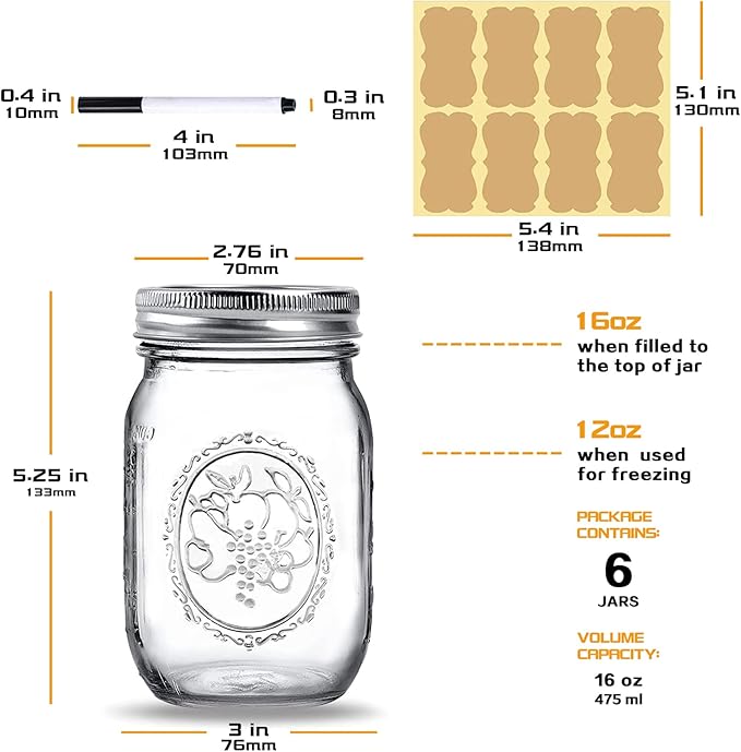 Regular Mouth Glass Mason Jars 16 oz, 6 Pack Glass Canning Jars with Metal Airtight Lids and Bands and Measurement Marks, for Canning, Preserving, Overnight Oats, Jam, Jelly, Food Storage, DIY etc