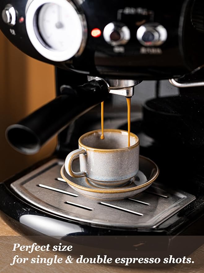 Gomakren 2.5 Ounce Espresso Cups Set of 4, Small Stackable Coffee Cups with Saucers and Metal Stand, Halloween Porcelain Demitasse Cups for Specialty Coffee Drinks, Espresso, Cappuccino, Latte, Gray