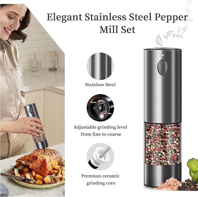 Electric Salt and Pepper Grinder Set, Upgraded Larger Capacity Stainless Steel Automatic Salt and Pepper Mill Set Refillable with 5 Adjustable Coarseness Stainless Steel Color Shaker