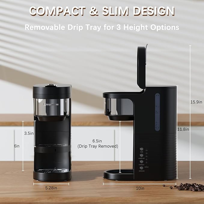 Single Serve Hot & Iced Coffee Maker, for K Cup Pod and Grounds, 6 to 24oz Brew Size, Slim Compact for Small Spaces, Descaling Reminder, with Reusable Filters, Black