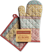 Maison d' Hermine 100% Cotton Oven Mitt & Pot Holder Set (7.5"x13" & 8"x8") Heat Resistant BBQ Cooking Gloves with Loop, Baking, Grilling, Kitchen, Handling Hot Pans Spring/Summer (Provence)