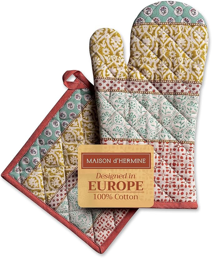 Maison d' Hermine 100% Cotton Oven Mitt & Pot Holder Set (7.5"x13" & 8"x8") Heat Resistant BBQ Cooking Gloves with Loop, Baking, Grilling, Kitchen, Handling Hot Pans Spring/Summer (Provence)