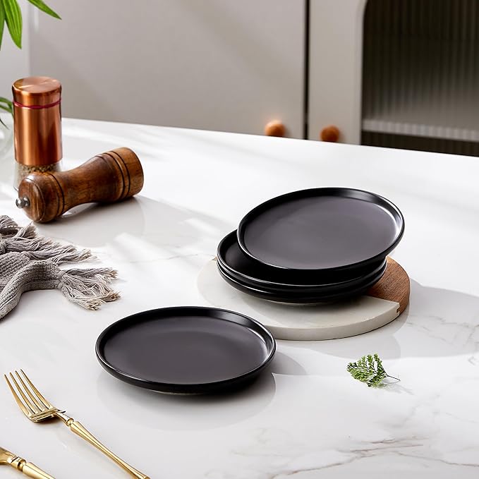 Matte Ceramic Appetizer Plates 6 Inch,Small Mini Dessert Plates Set of 4,Microwave and Oven Safe Snack,Bread,Butter Dessert,Pie,Cake Plates Cat Dishes(6 inch,Black)