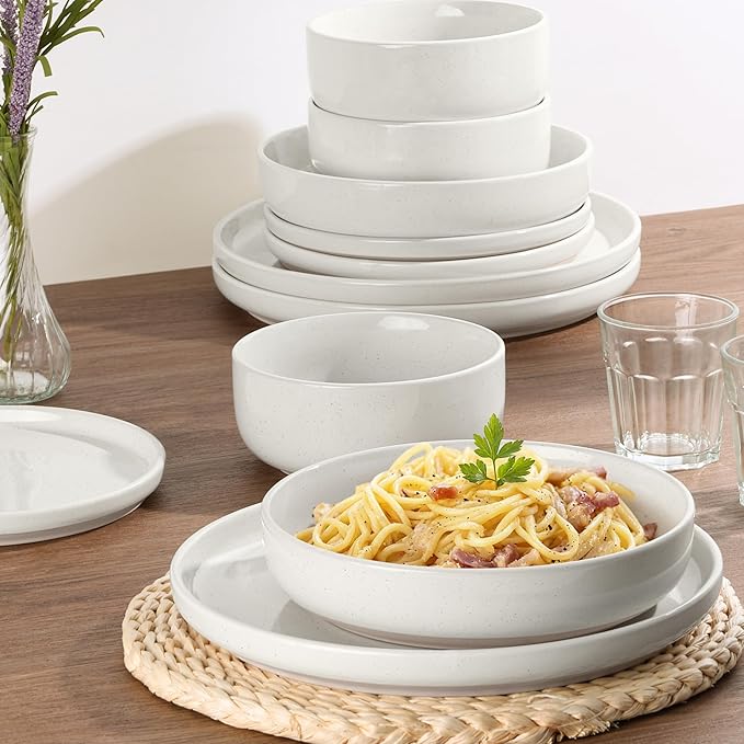 HaWare 16-Piece Plates and Bowls Set for 4, Stoneware Dinnerware Sets with Pasta Bowl, Dishes Set for Home Restaurant, Speckled Milky White