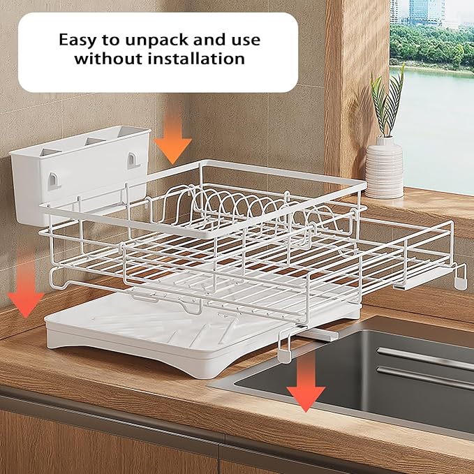 Large Dish Drying Rack - Expandable Dish drainers for Kitchen Counter,Over The Sink Dish Drainer Drying Rack,Rustproof Dish Drainer with Utensil Holder and Drainboard White