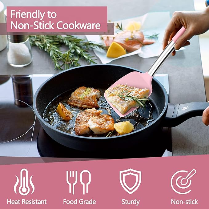 P&P CHEF Pink Kitchen Cooking Utensil Set of 4, Silicone Solid Spatulas Slotted Spoons Turners for Non-stick Cookware Flipping Mixing, Heat-proof