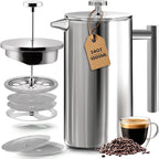 Utopia Kitchen Stainless Steel French Press Coffee Maker 34 Oz (1 Litre) with 2 Extra Filters, French Press Coffee & Tea Maker for Kitchen & Camping, Cold Brew Cafetiere, Silver