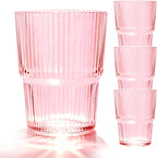 Pink Ribbed Glass Set of 4 14oz Highball Glass Stackable Vintage Durable for Water, Seltzer, Sparkling, Elegant Everyday Glassware