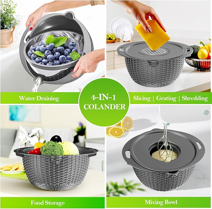4-1 Colander with Bowl Set - Colander for Kitchen - Strainers and Colanders - Pasta Strainer - Funny Presents for Women - Fruit Cleaner Veggie Wash Kitchen Essentials, Grey