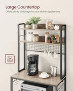VASAGLE Hutch Bakers Rack with Power Outlet, 14 Hooks Microwave Stand, Adjustable Coffee Bar with Metal Wire Panel, Kitchen Storage Shelf, 15.7 x 31.5 x 66.9 Inches, Greige and Black UKKS025B02