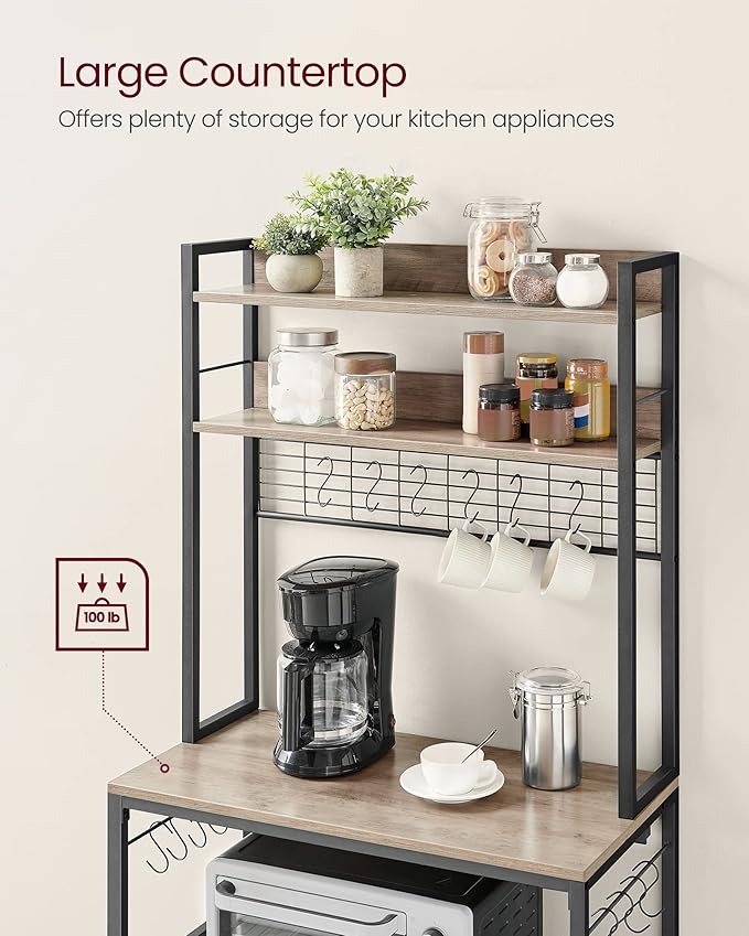 VASAGLE Hutch Bakers Rack with Power Outlet, 14 Hooks Microwave Stand, Adjustable Coffee Bar with Metal Wire Panel, Kitchen Storage Shelf, 15.7 x 31.5 x 66.9 Inches, Greige and Black UKKS025B02