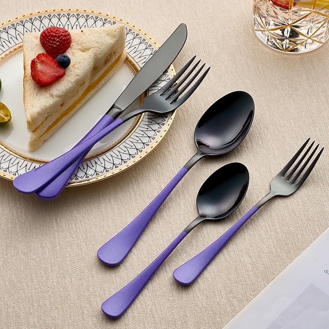 20-Piece Black and Purple Silverware Set 18/0 Stainless Steel Silverware Set Lake Blue Handle Cutlery Set Service for 4 Dinner Knives Forks Spoons Set Flatware Set Finish Dishwasher Safe