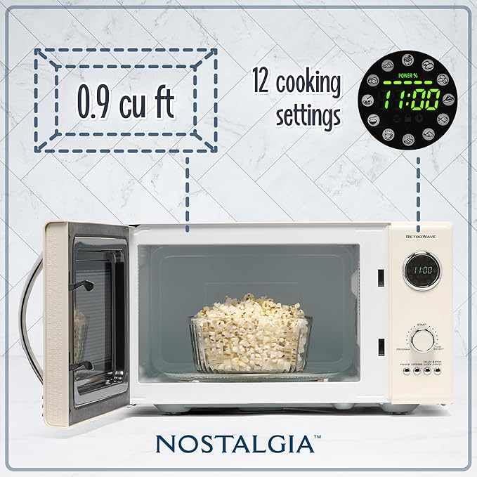 Nostalgia Retro Countertop Microwave Oven, 0.9 Cu. Ft. 800-Watts with LED Digital Display, Child Lock, Easy Clean Interior, Ivory