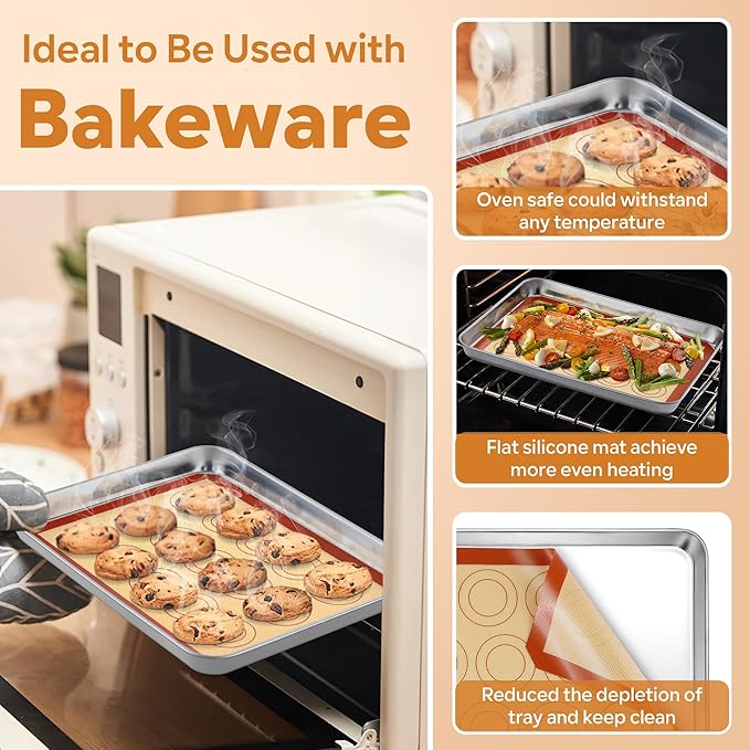 P&P CHEF 11.6 Inch Silicone Baking Mats, 2 Pcs Reusable Silicone Oven Mat, Non Stick Baking Supplies for Macaroon Pastry Bread Dough Cookie, Fits Well with Sheet Pan, Healthy & Easy Clean