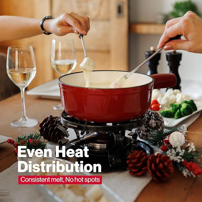 Swissmar Lugano Cast Iron Cheese Fondue Set, 9-Piece, 2 QT / 2 L - Ideal for Melting Cheese, Chocolates, Caramel, & More - Perfect for Kitchen Collection & Gift Giving - Cherry Red