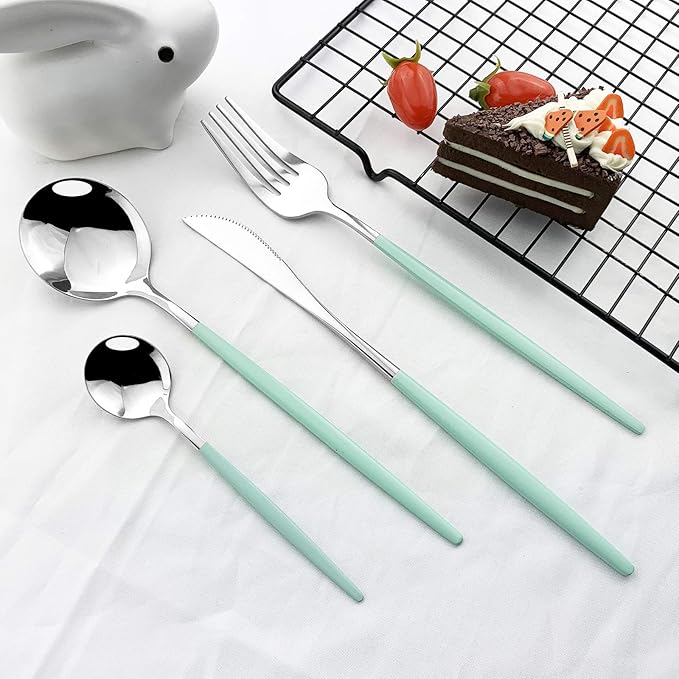 JASHII Flatware Serving Set 24 Piece, Stainless Steel Silverware Set, Mint Green Silver Cutlery Set, Modern Elegant Tableware Set for Party, Christmas, Dinner (Mint Green Silver)