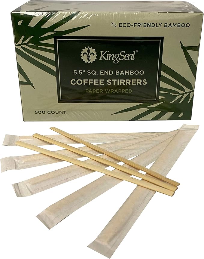2000 Count | KingSeal Individually Paper Wrapped Bamboo Coffee Stir Sticks, 5.5 Inch, Square End, 100% Renewable and Biodegradable - 4 Boxes x 500 Stirrers