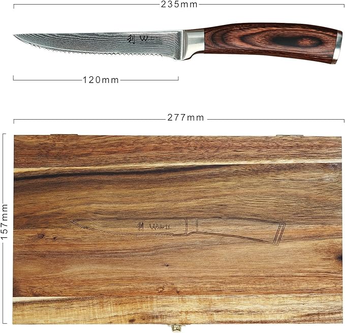 Wakoli EDIB 4-Piece Steak Knife Set – Japanese Style Dining Knives | Genuine Damascus Steel Blades with VG10 Core | Ergonomic Pakkawood Handles | Premium Steak Cutlery in Wooden Gift Box