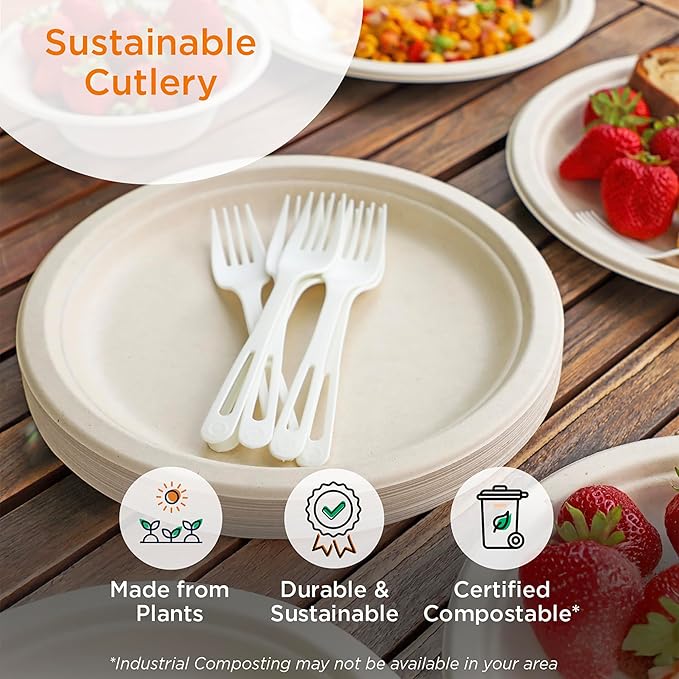 World Centric Compostable Cutlery with Napkin 6" - White TPLA, Assorted and Wrapped - 250 Pack