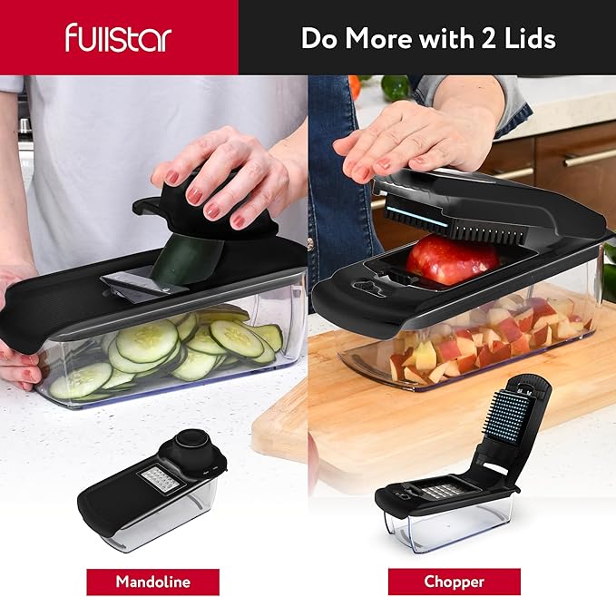 Fullstar Mandoline Slicer for Kitchen - Vegetable Chopper, Onion Potato Food Veggie Fruit Slicer and Cutter with Container, Kitchen Gadgets & Accessories, Home Essentials (All in 1, Black)
