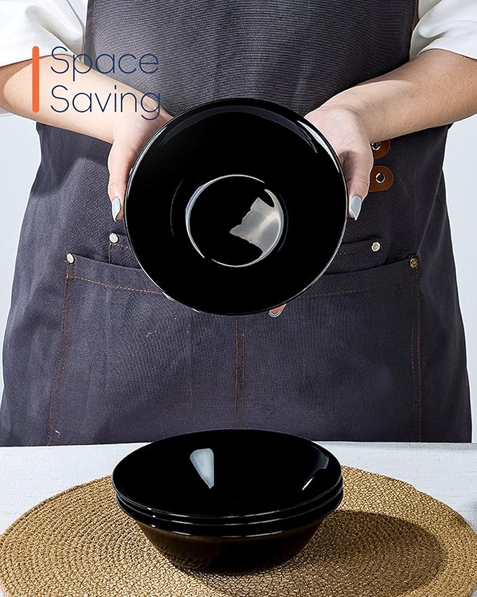 14 OZ (16 OZ MAX) Black Opal Glass Cereal Bowl Set of 4, 6.5 inch Dishwasher & Microwave Safe Round Bowls for Soup, Salad and Rice