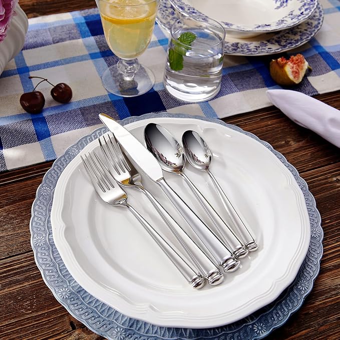 KEAWELL Premium Regal 20-Piece Silverware Set – 18/10 Stainless Steel Flatware with Tapered Column Handles, Dishwasher Safe and Perfect for Gifting or Formal Dining (20, Silver)
