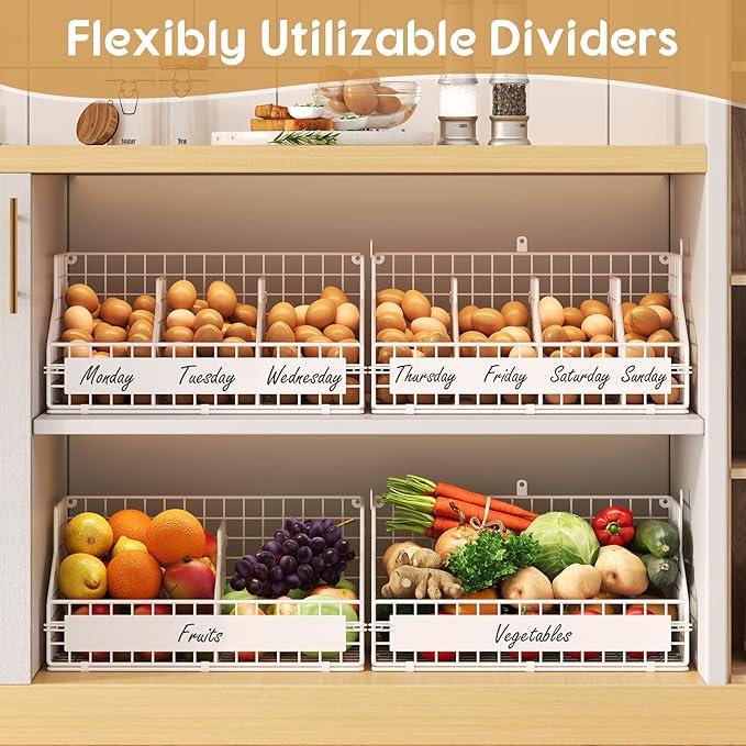 keomaisyto Fresh Egg Holder with 5 Dividers to Separate Eggs for a Week, 2 Tier Stackable Wire Baskets for Gathering Eggs, XXL Egg Rack for Countertop/Wall-Mounted, With DIY Labels, White