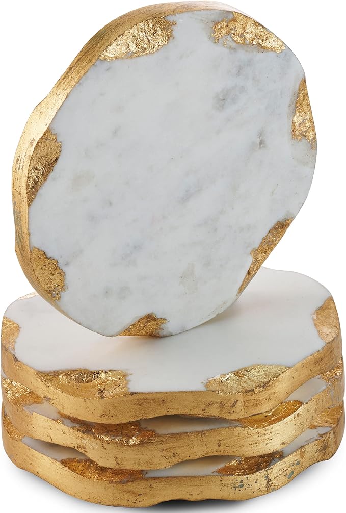 Godinger Round Coasters Gold Edge, Marble Coaster Set, Table Protection, Set of 4
