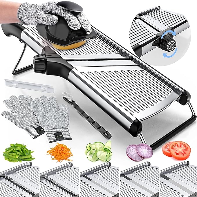 Gramercy Adjustable Mandoline Food Slicer, Mandoline Slicer for Kitchen, Mandolin, Potato, Tomato, Carrot, Vegetable, Fruit and Onion Cutter - Stainless Steel - INCLUDING 1 Pair Cut-Resistant Gloves