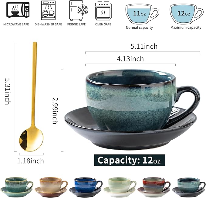 Porcelain Coffee Cup with Saucer Spoon, Vintage Design Ceramic Latte Art Cappuccino Barista Espresso Tea Cup with Saucer (11.6 oz, 350ml, Honey Pomelo Yellow)