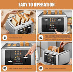 4 Slice Toaster, Touchscreen & Dual Independent Control Panel，5 Basic Functions & Digital Countdown Toasters, 6 Shade Settings＆6 Bread Types, Smart Bread Maker Mute/Screen-Off,Platinum