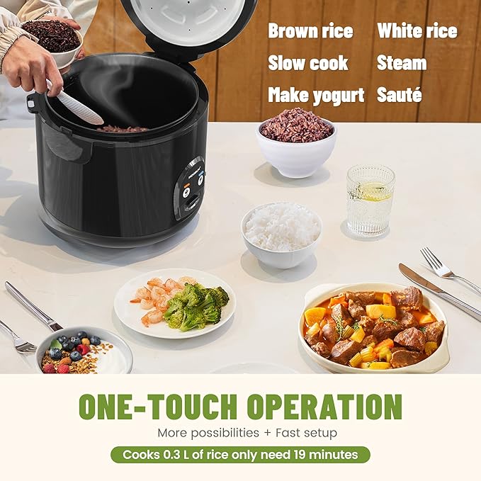 10-Cup Uncooked Rice Cooker & Food Steamer - Ceramic Non-Toxic Inner Pot, One-Touch Multifunction for Rice/Sauté/Yogurt, Dishwasher Safe, 3-10 Family Size, Black