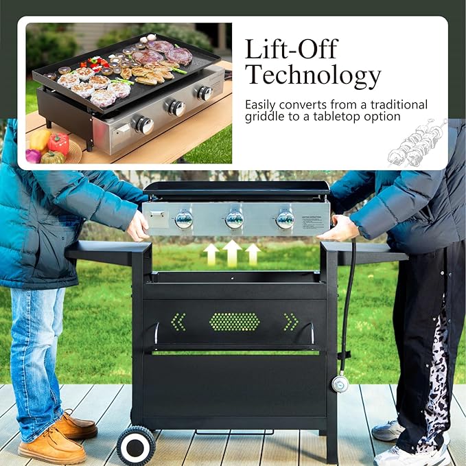 Sophia & William 28-Inch Flat Top Grill with Ceramic Coated Cast Iron Griddle, 3-Burner Propane Gas BBQ Griddle, Portable Outdoor Barbecue Grill,33,000 BTU,Black